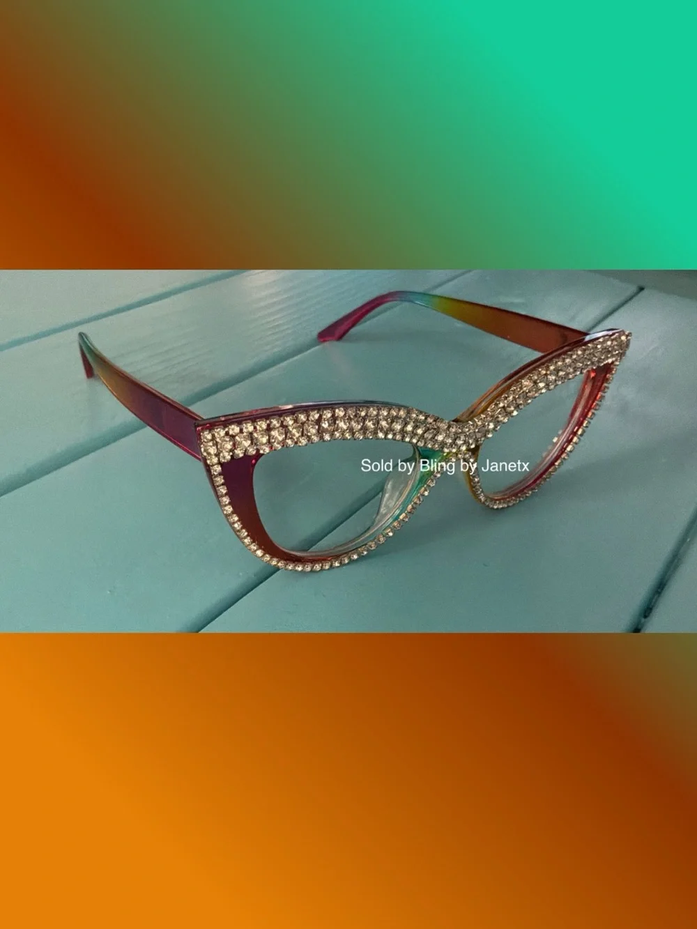 Bling Rhinestone Cat Eye Sunglasses - Multi Color - Clear Lenses
